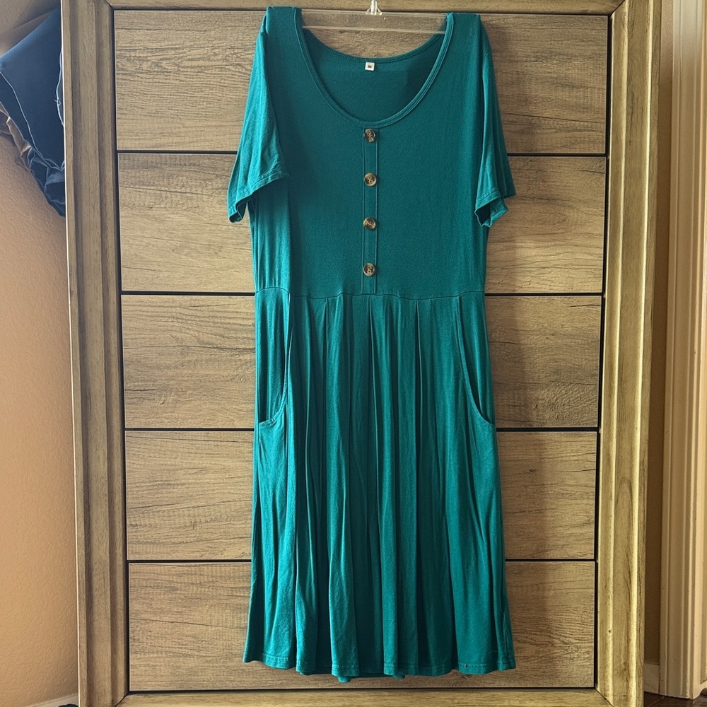 Teal Button-Front Dress with Pockets